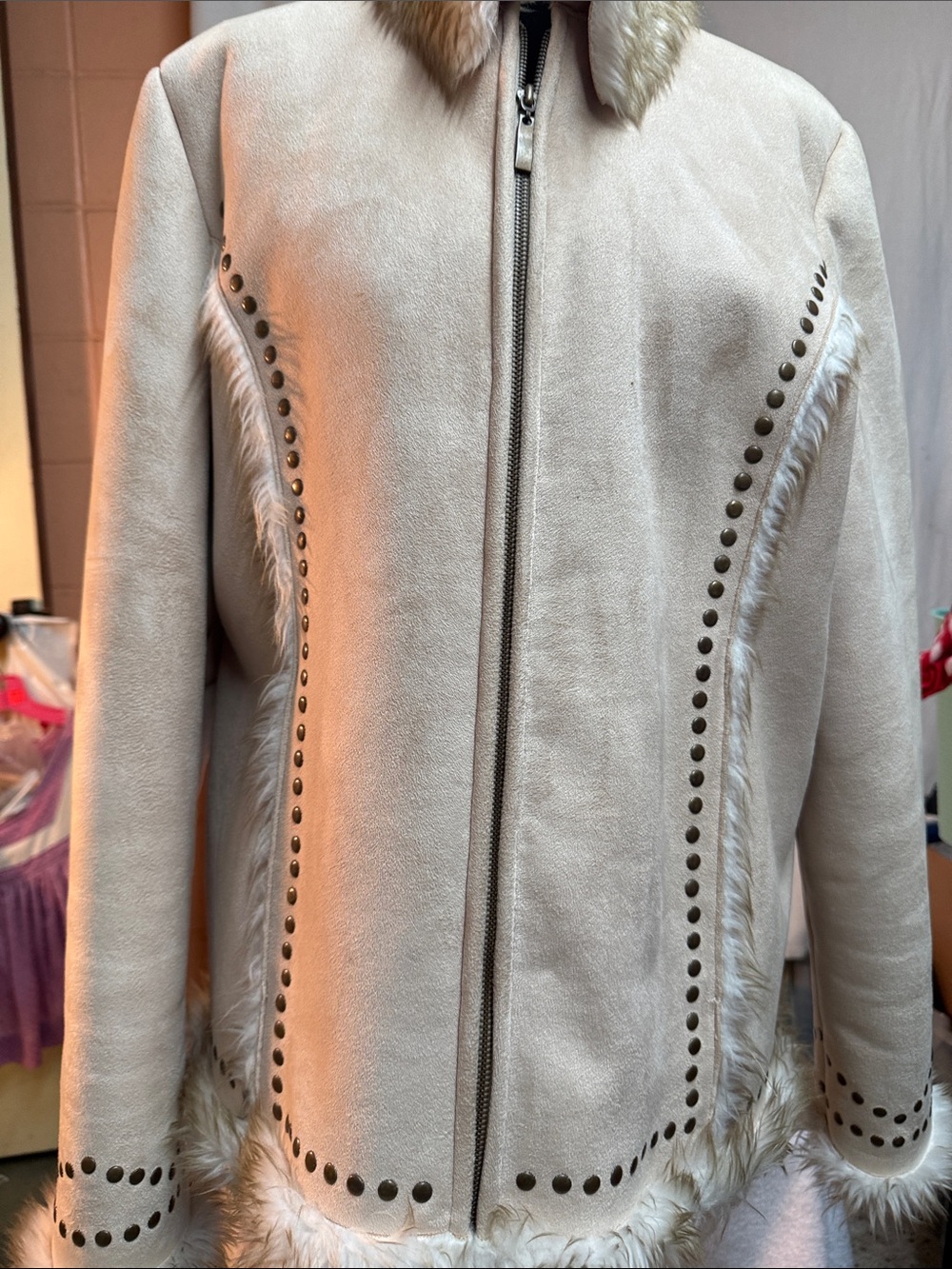 Women's Cream Montanoco Faux Vegan Suede Shearling Zip Jacket with Stud Trim